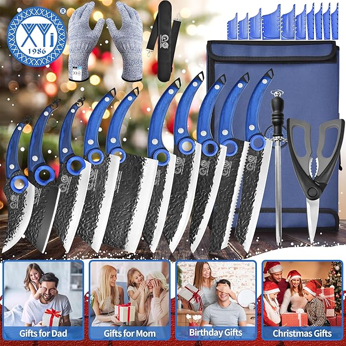 XYJ Professional Kitchen Knife Set with High-Carbon Steel Forged Blades, Chef's Knife, Cleaver, Carving Knife, Nakiri, Full Tang Design, Includes Carrying Bag & Poultry Scissors