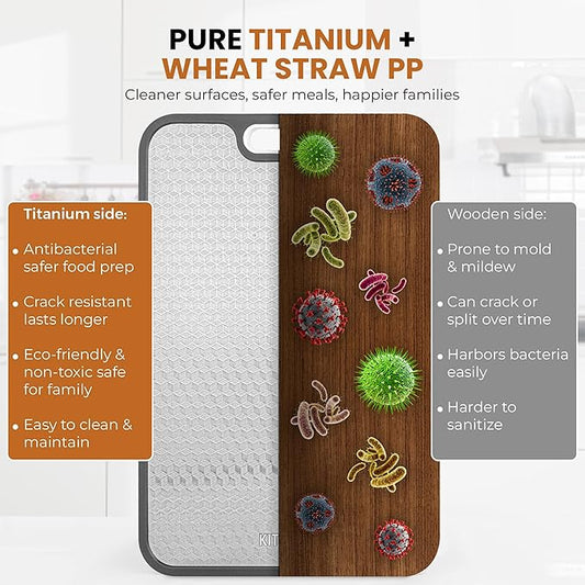 2 in 1 Titanium Cutting Board for Kitchen – Large 16" x 11"- 100% Pure Titanium & Wheat Straw PP Double Sided Chopping Board - Hygienic, Non-Toxic, Food grade, Non Slip, Textured Surface
