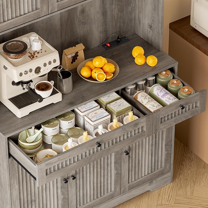 Pantry Cabinet with Charging Station and Light, Tall Kitchen Pantry Storage Cabinet with Microwave Stand, Wide Fluted Kitchen Hutch with Storage Drawers and Adjustable Shelves for Dining Room