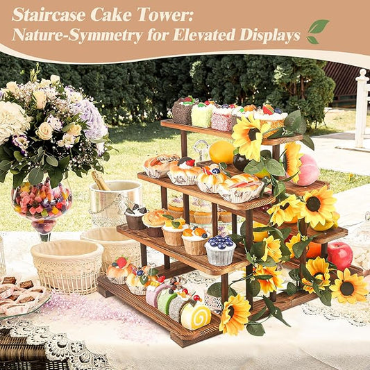 Wooden 7 Tier Cupcake Stand & Towers Serving Trays for Party with Vine Decoration — Party Display Serving Ladder with Platter for Cake, Snacks — Perfect for Catering, Events & Centerpieces