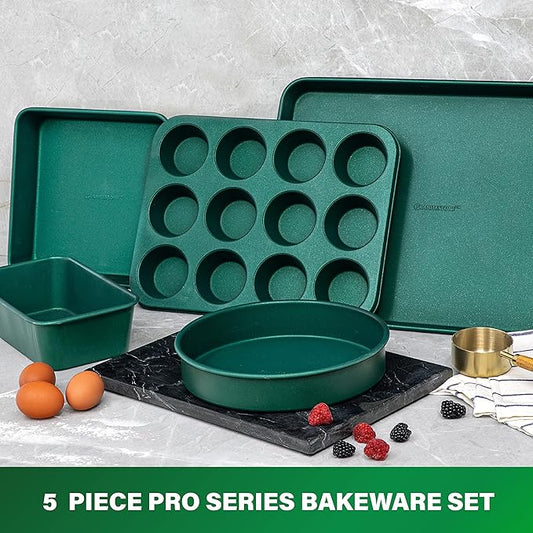 Granitestone Green Nonstick Bakeware Set, 5 Piece No Warp Baking Pans Set, Baking Set Includes Even Heating Baking Sheet for Oven, Muffin Pan, Loaf Pan, Baking Pan & Round Baking Tray, Dishwasher Safe