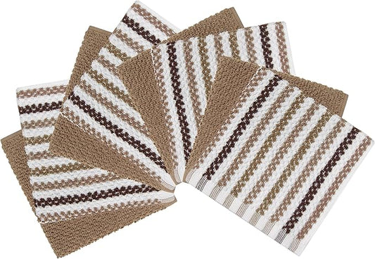 Bumble Towels Premium Dish Cloths 12"x12" | 100% Natural Ring Spun Cotton Tea Towel Set | 430 GSM | Highly Absorbent & Soft Kitchen Towels | 8 Pack - 4 Popcorn Wide Striped & 4 Solid Tan