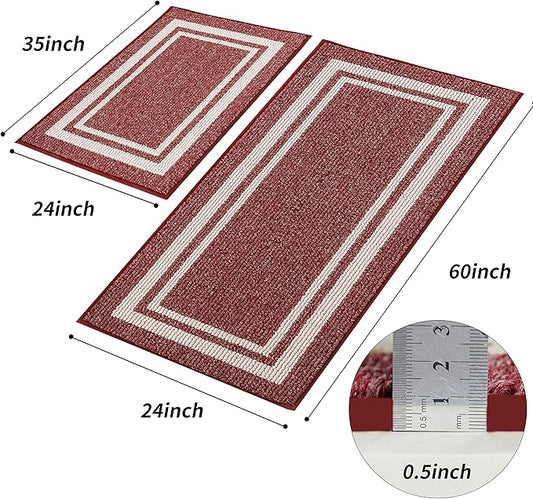 COSY HOMEER Kitchen Rugs Non-Slip 20" x30/20 x48 Inch Thick Polypropylene Standing Mat for Home Machine Washable, Red Frame