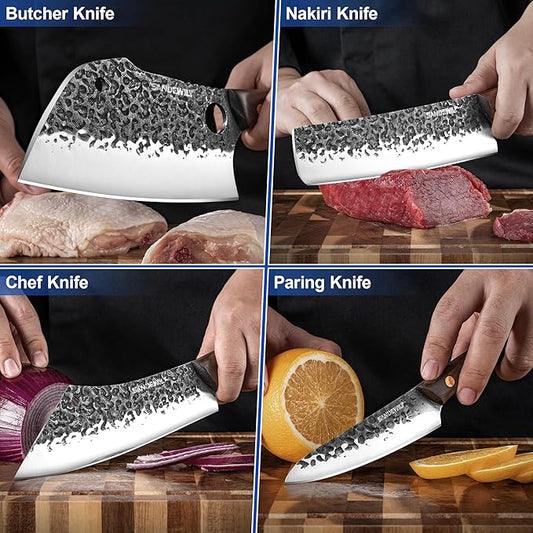 4-Piece Butcher Knife Set with 7” Cleaver, 8” Chef Knife, 8” Nakiri & 5” Utility Knife – Hand Forged Full Tang Kitchen Knives with Sharpening Stone for BBQ, Meat, Veggies & Outdoor Cooking