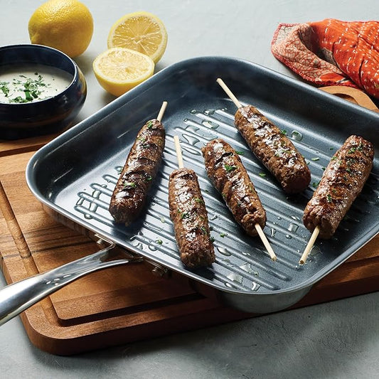 Tramontina Utsava Tri-Ply Clad Stainless Steel 10-Inch Square Grill Pan with Ceramic Non Stick Interior, Induction-Ready