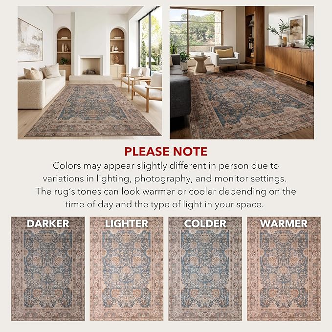 Kuden 2'6"x7' Runner Rug, Machine Washable Area Rug with Non-Slip Backing, Vintage Style, Soft, Easy Clean, Low Pile Rug for Hallway, Entryway, Kitchen, Bedroom