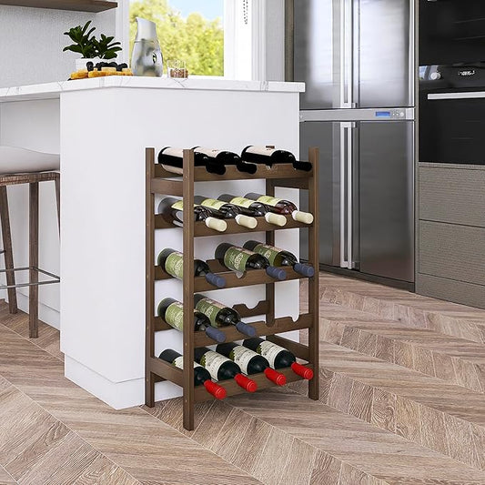 SMIBUY Bamboo Wine Rack, 20 Bottles Display Holder, 5-Tier Free Standing Storage Shelves for Kitchen, Pantry, Cellar, Bar (Walnut)