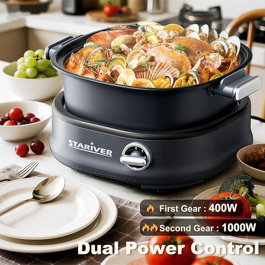 Stariver 3L Non-Stick Hot Pot Electric with Dual-Power Control,Electric Shabu Shabu Pot with Removable Pot, Electric Pot with Tempered Glass Lid for Party, Family Gathering(Silver)
