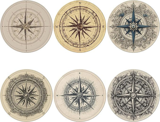 Compass Coasters Leather Round Drink Coasters 6 Pcs Set with Holderor for Cup Drink Coffee Table Bar Home Decor
