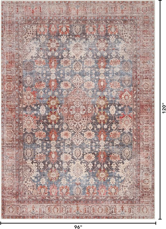 Kuden 8x10 Large Area Rug, Machine Washable Area Rug with Non-Slip Backing, Vintage Style, Soft, Easy Clean, Low Pile Rug for Living Room, Bedroom, Dining Room