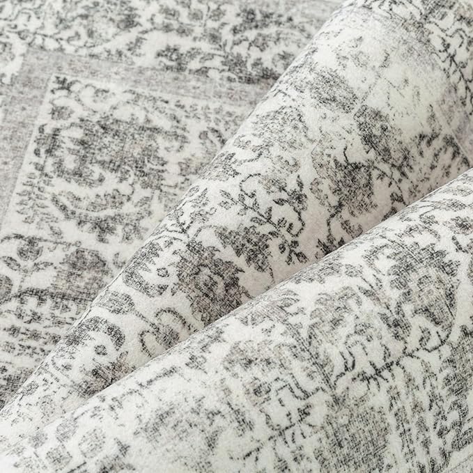 Black Area Rug 8x10 Machine Washable Large Vintage Living Room Distressed Non Slip Carpet Traditional Indoor Bedroom Retro Floral Accent Throw Rug for Office Kitchen Dining Room