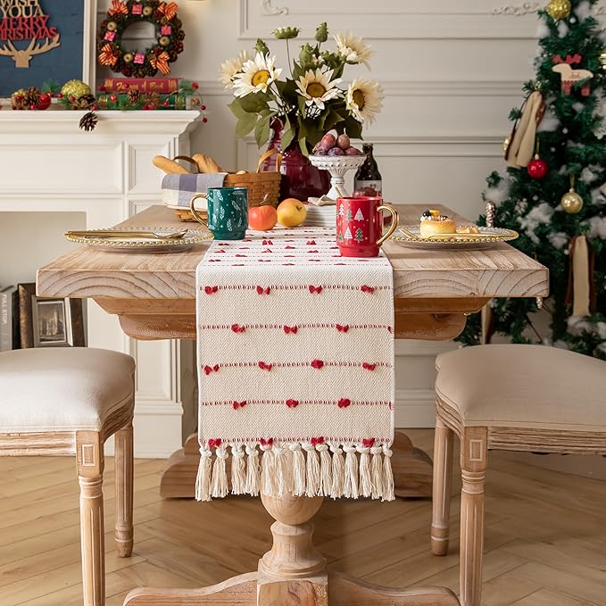 Caflife Christmas Valentines Table Runner 72 Inchs Long for Farmhouse Room Home Valentine's Day Decorations, Boho Red Table Runner, Natural Cotton Woven for Holiday Kitchen and Dining Table Decor