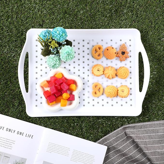 2 Pcs Large Rectangular Non Slip Serving Tray with Handles, Silicone Gripping Nubs Lap Food Trays for Eating, Dishwasher Safe Serve for Dinner Snack Fruit Dessert Beverage, Rectangular(White)