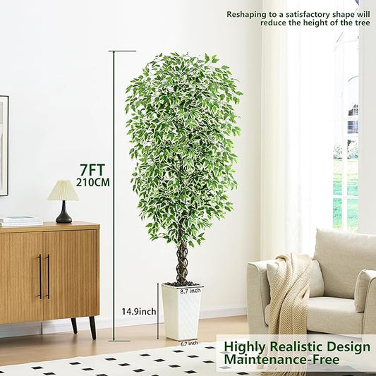 Artificial Ficus Tree Indoor 7FT Fake Plants Large Artificial Plant with Crack White Tall Planter, Green Lifelike Lush Fake Ficus Tree for Home Living Room Bedroom Outdoor Balcony House Office Decor