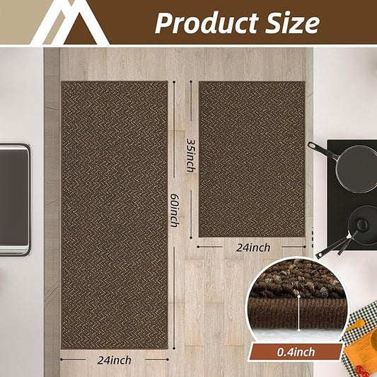 COSY HOMEER Kitchen Rugs Non Slip Washable 24"x36"+24"x60" Absorbent Kitchen Mats for Floor Stain Resistant Kitchen Runner Rug Sets of 2 Kitchen Floor Mats for Sink,Brown