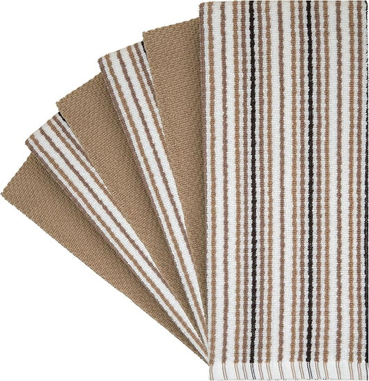 Kitchen Towels 16”x 26” - 6 Pack | Large Cotton Dish Towels | Popcorn Stripe Design | 430 GSM Highly Absorbent with Hanging Loop | Tan