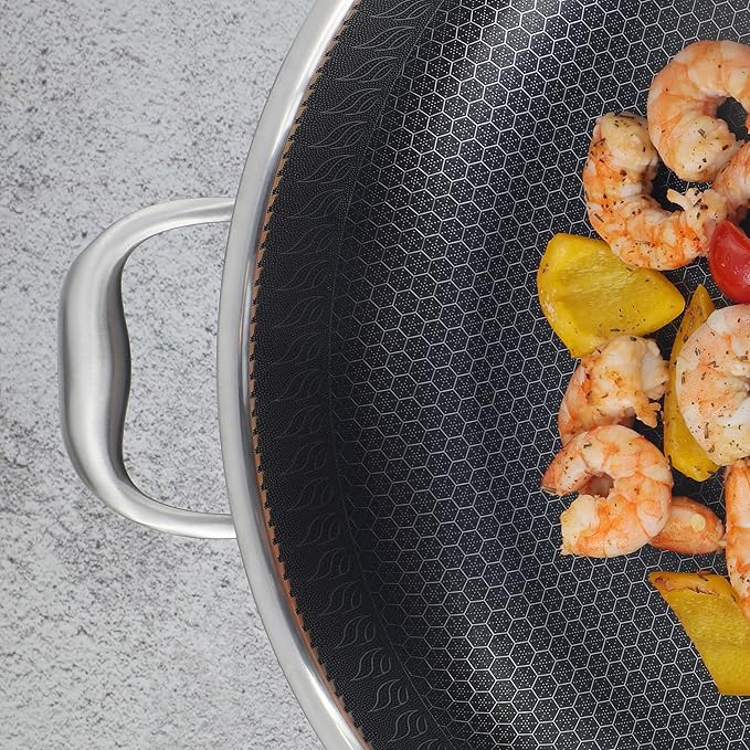 CATHYLIN 316L Stainless Steel 7QT Saute Pan Hexagon Nonstick Wok with Lid, Two Handle to Hold, PFOA Free, Dishwasher Oven Safe (12.5 inches,7QT)