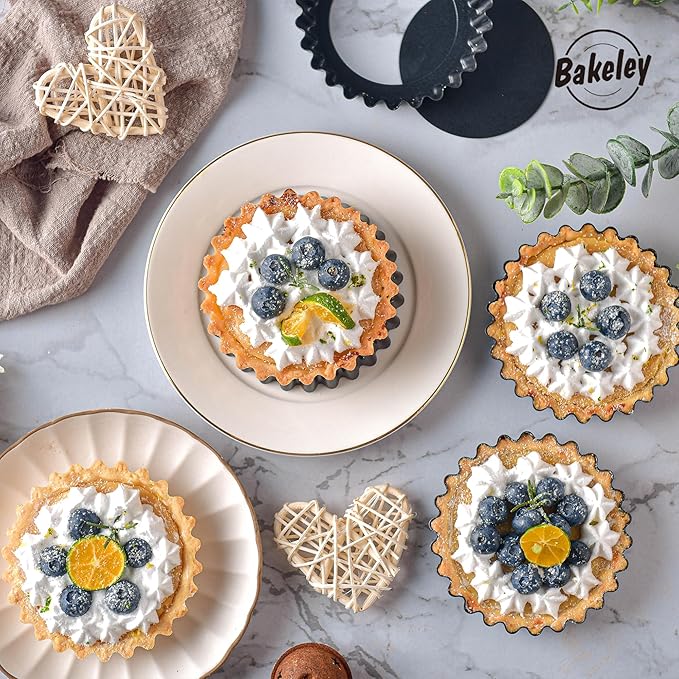 Bakeley Mini Tart Pan Set, 4-Inch 4pcs with Removable Loose Bottom Non-Stick Round Quiche Bakeware for Oven and Instant Pot Baking (Black)