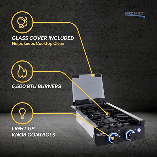 RecPro RV Built In Gas Cooktop | 2 Burner or 3 Burner | RV Cooktop Stove | 6,500 and 8,000 BTU Burners | Cover Included (Black, 2-Burner)
