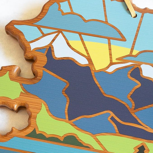 Totally Bamboo Alaska State Shaped Cutting Board and Charcuterie Serving Platter with Artwork by Summer Stokes, Includes Hang Tie for Wall Display