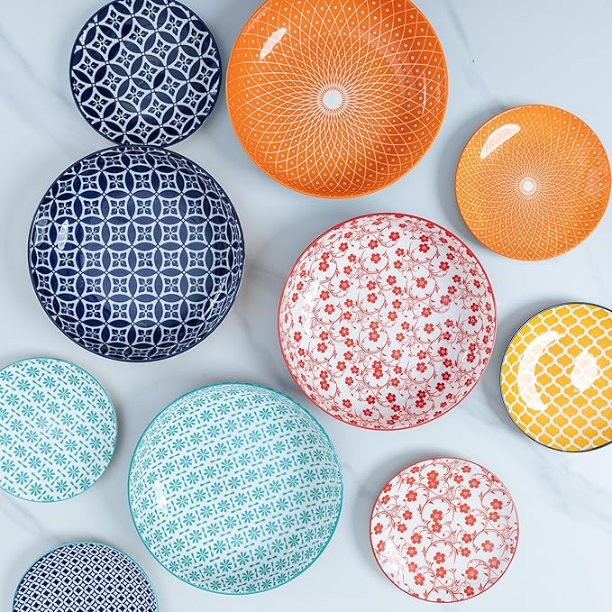 LEHAHA Porcelain Pasta Bowls, 32oz Ceramic Dinneware Dinner Bowls Set of 4, Large Colorful Wide and Shallow Salad Serving Bowls for Kitchen, Dishwasher & Microwave Safe, Multicolor