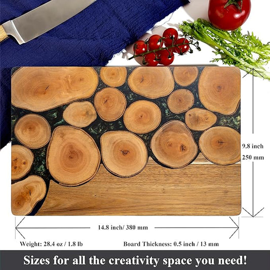 LILKUISYN Acacia Wood Cutting Board With Colorful Black Resin Galactic Cosmos & Wood Stumps Unquie Design for Kitchen Meal Prep Serving Tray Cheese & Charcuterie Board for Meat Vegetable Gift 15*10‘’