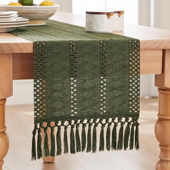 ZeeMart Macrame Style Boho Table Runner, Olive Green Table Runners 60 Inches Long, Farmhouse Woven Home Decor, 12x60 Inch, Olive