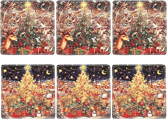 Christmas Coasters Square Leather Drinks Coaster Set with Holder for Coffee Table Bar Home Decor 4 Inches Set of 6