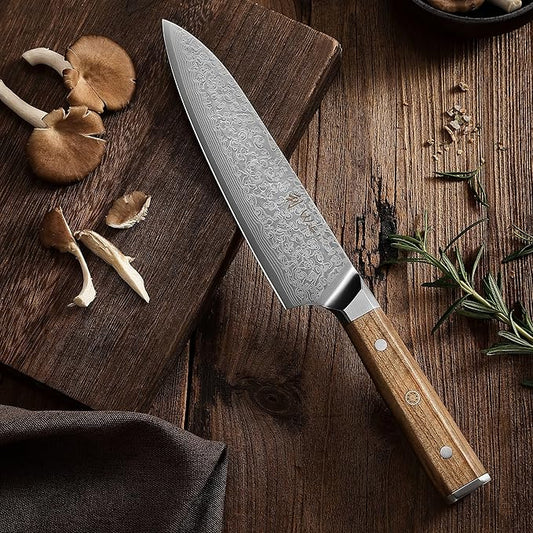 Wakoli Oribu Kiritsuke Chef's Knife I 20 cm blade made of 67 layers of Damascus steel, olive wood handle