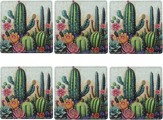 Marble Coasters Square Leather Drinks Coaster Set with Holder for Coffee Table Bar Home Decor 4 Inches Set of 6 (Cactus, One Size)
