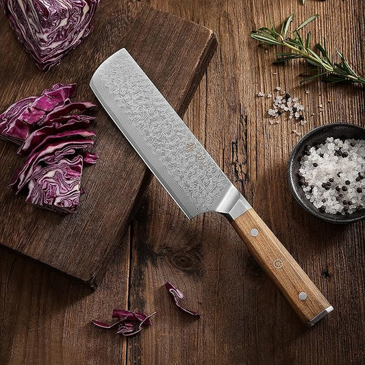Wakoli Oribu Damascus Nakiri Knife – Full Tang Kitchen Knife | 7-Inch Blade Made of 67-Layer Damascus Steel with AUS-10 Core | Ergonomic Olive Wood Handle | Sharp & Durable