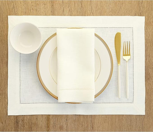 Solino Home Ivory Linen Napkins Set of 6-100% Pure Linen Hemstitch Dinner Napkins 20 x 20 Inch for Spring, Easter - Classic Hemstitch