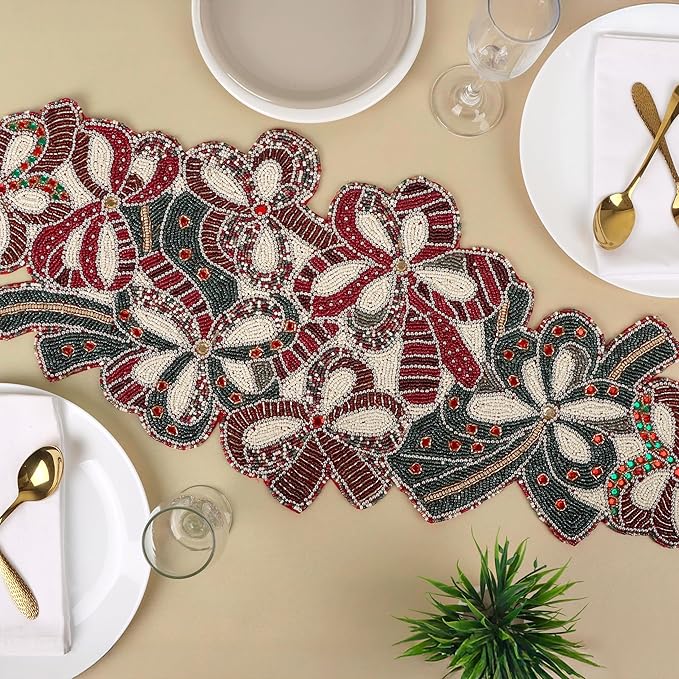 Decorative Beaded Runner 36 Inch, 13x36 Inch Handcrafted Glass Beads & Polyester | Premium Holiday, Christmas & Wedding Decor | Elegant Dining Table Accent (Maroon Dark Green) - ALPHA Living HOME
