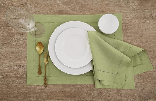 Solino Home Linen Napkins Set of 4 - Classic Hemstitch 100% Pure Linen Moss Green Dinner Napkins Cloth 20 x 20 Inch for Winter, Spring, Easter, St Patricks Day - Handcrafted and Machine Washable