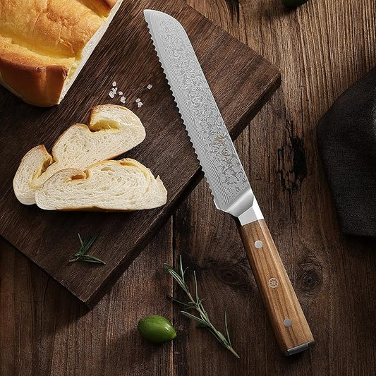Wakoli Oribu Bread Knife – Full Tang Damascus Knife | 8-Inch Serrated Blade Made of 67-Layer Damascus Steel with AUS-10 Core | Ergonomic Olive Wood Handle | Professional Quality & Sharpness