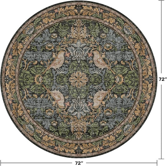 Washable Round Area Rugs 6ft for Living Room, Green Forest Soft Non-Slip Circle Rug with Rubber Backing, Vintage Large Boho Floral Bird Carpet for Bedroom, Kitchen, Nursery, Stain Resistant