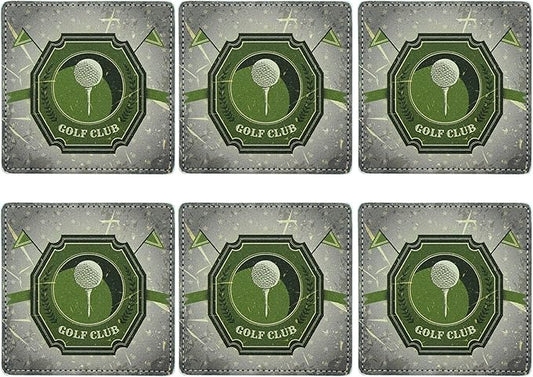 Marble Coasters Square Leather Drinks Coaster Set with Holder for Coffee Table Bar Home Decor 4 Inches Set of 6 (Golf, One Size)
