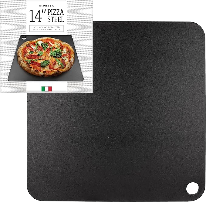 IMPRESA Pizza Oven Steel Plate - 14 x 14 x 0.25 in, Black, Steel Heat Retention & Crisp Crust Pizza Stone - Oven & Grill Versatility for Baking Stone