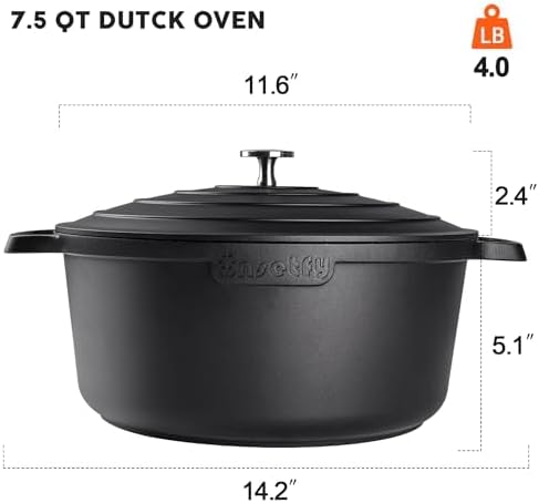 INSETFY Large Dutch Oven Pot with Lid-7.5QT Cast Aluminum Oven Pot with Two Handles Lightweight for Bread Baking Braising and Roasting(Black)