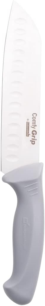 Restaurantware Comfy Grip 7 Inch Santoku Knife 1 Sharp Kitchen Knife - Ergonomic Handle Non-Slip Grip Gray Stainless Steel Japanese Chef Knife Dishwashable Granton Edge