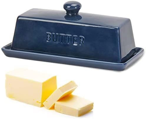 Butter Dish With Lid, WERTIOO Porcelain Butter Keeper With Handle Cover French Butter Dish with Stainless Steel 3 in 1 Butter Spreader Container for Countertop, Dark Blue