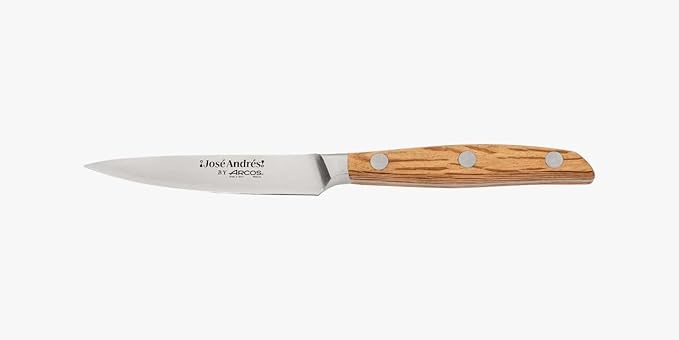 Arcos Jose Andres Paring Knife | 4-Inch Forged Knife for Fruit & Vegetable Peeling | NITRUM Stainless Steel Blade with Silk Edge | Light Brown Holm Oak Handle