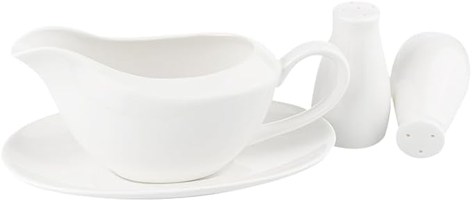 Fine Bone china Gravy Boat with Saucer, Free Salt&Pepper Shaker for Promotion, 14 oz Large Capacity, Pure White Color, Thin and Light Weight, Comfortable to Hold and Easy To Clean, Dishwasher Safe