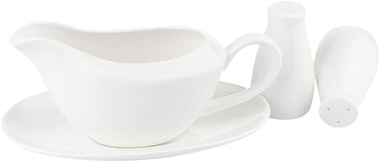 Fine Bone china Gravy Boat with Saucer, Free Salt&Pepper Shaker for Promotion, 14 oz Large Capacity, Pure White Color, Thin and Light Weight, Comfortable to Hold and Easy To Clean, Dishwasher Safe