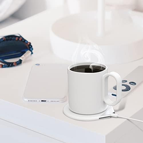 Coffee Warmer, Desk Self Heated Cup & Lid Set with Charging, Smart Recognition, for Keep Tea Coffee Milk Hot, Auto Shut Off, Panel, for Office Home Desk(White)