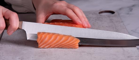 Arcos Yanagiba Knife 9.5 Inch Stainless Steel. Japanese Kitchen Knife for Fish, Meat and Vegetables. Ovengkol Wood Handle 100% natural FSC and 240mm Blade. Series Nordika. Color Brown.