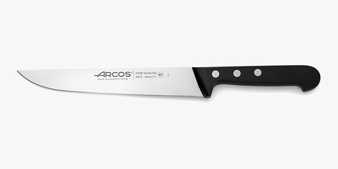 Arcos Carving Knife 7 Inch Nitrum Stainless Steel and 190 mm blade. Butcher Knife For Boning. Ergonomic Polyoxymethylene POM Handle. Series Universal. Color Black