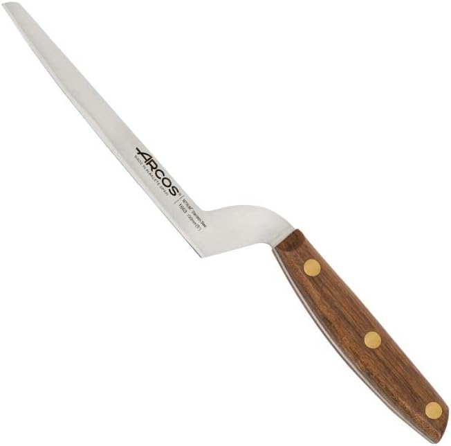Arcos Cheese Knife set 3 pieces. Nitrum Stainless Steel. Very useful set for irregular pieces of hard cheeses, soft cheeses and creamy cheeses. Handle 100% Ovengkol wood Series Nordika. Color Brown.