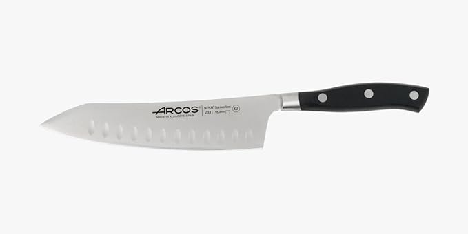 ARCOS Rocking Santoku Knife 7 Inch Stainless Steel. Japanese Professional Kitchen Knife for Cutting Fruits and Vegetables. Ergonomic Black Handle. Series Riviera Blanc