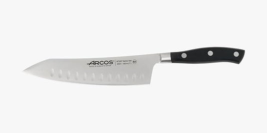 ARCOS Rocking Santoku Knife 7 Inch Stainless Steel. Japanese Professional Kitchen Knife for Cutting Fruits and Vegetables. Ergonomic Black Handle. Series Riviera Blanc